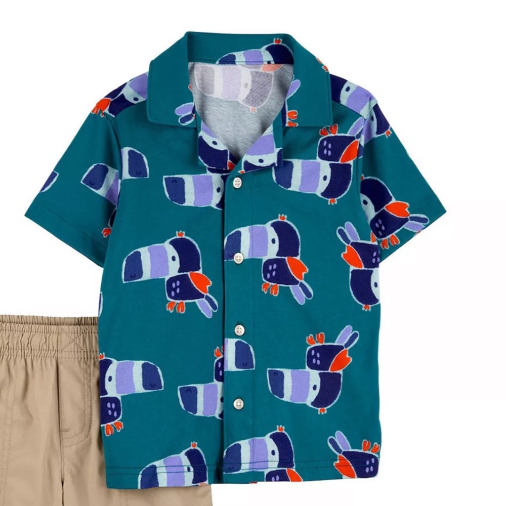 Carter’s Short Sleeve Cotton Button Down Toucan Collared Shirt